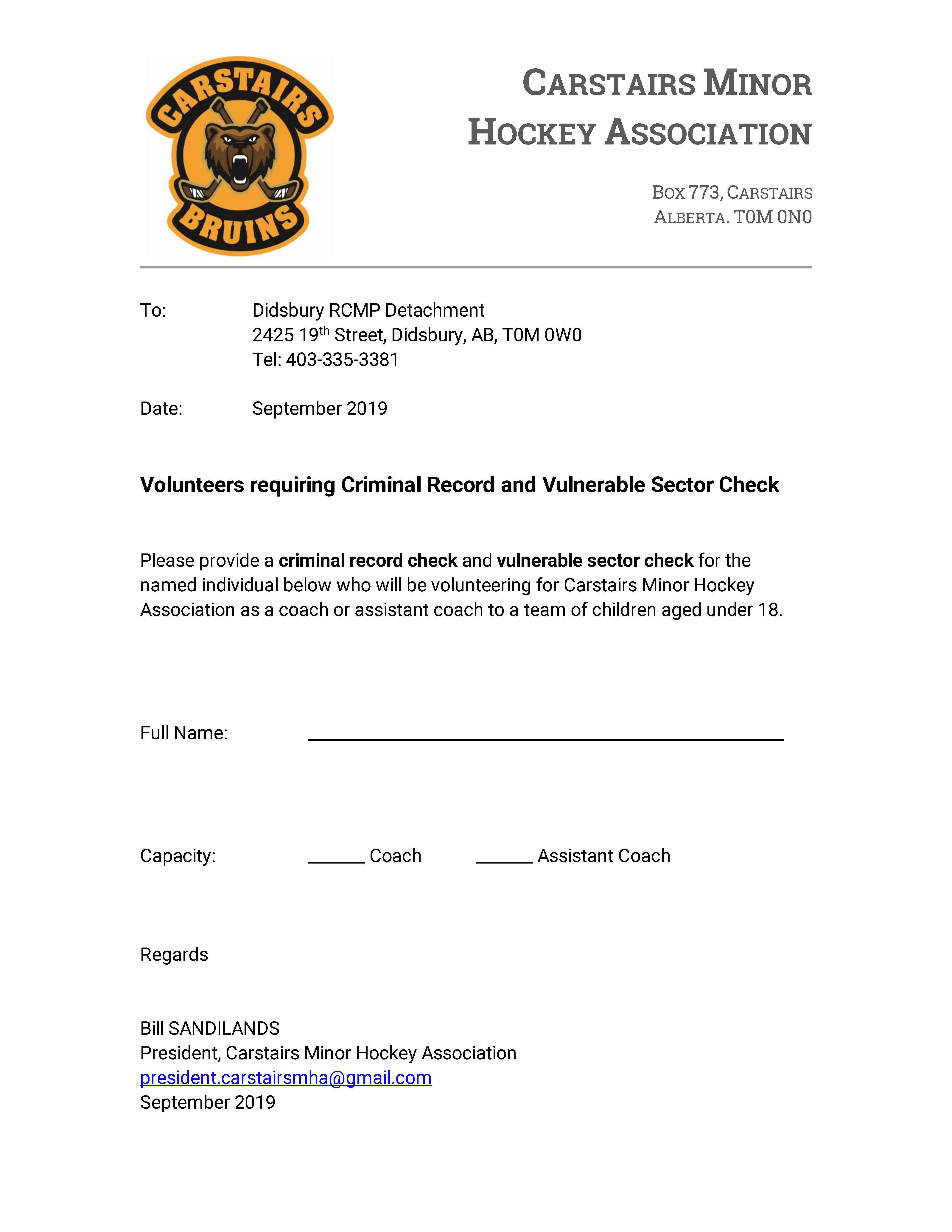 Forms Carstairs Minor Hockey Association