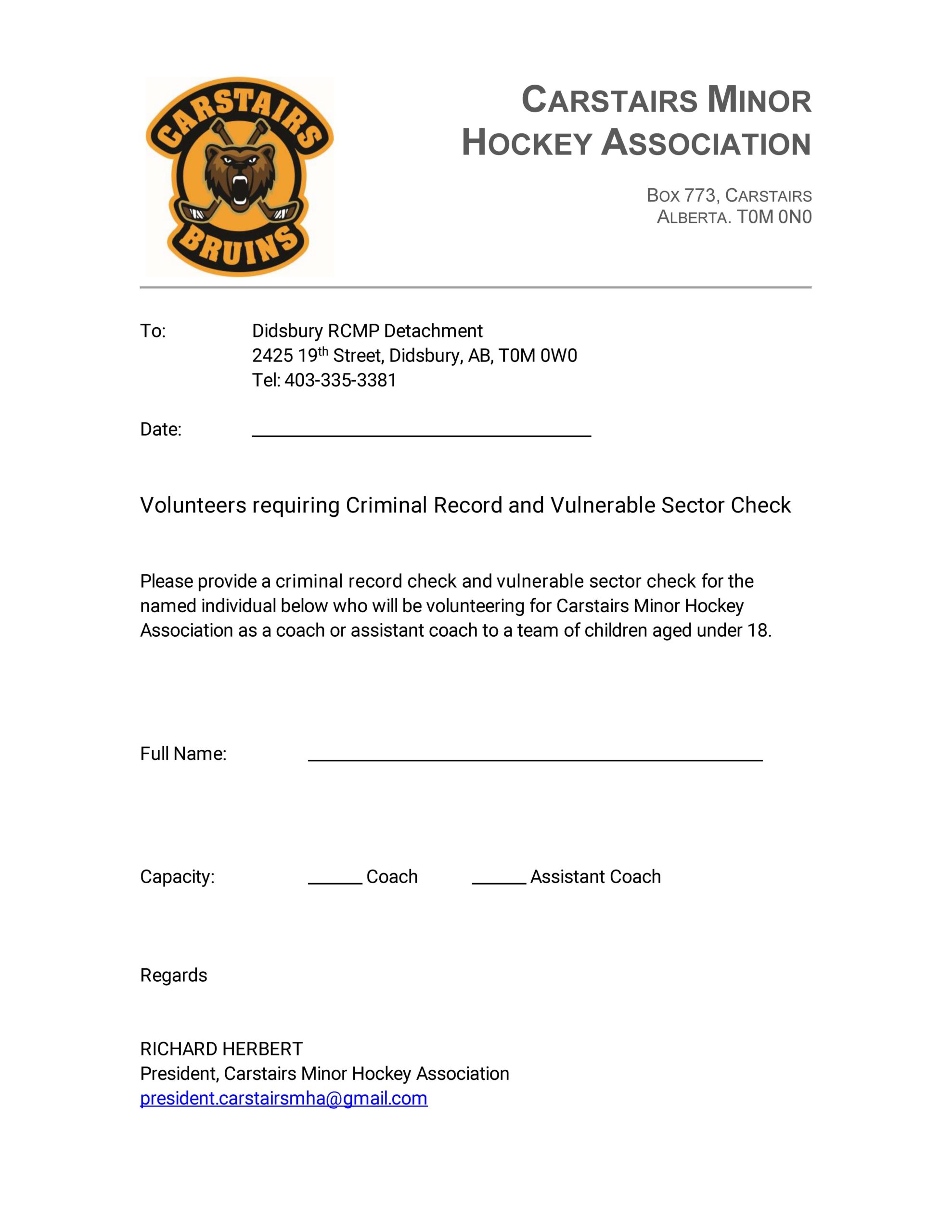 CMHA Letter for Criminal Record Check